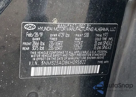 2019 Hyundai Santa Fe Se z USA, uszkodzony, nr VIN 5NMS23AD8KH095822